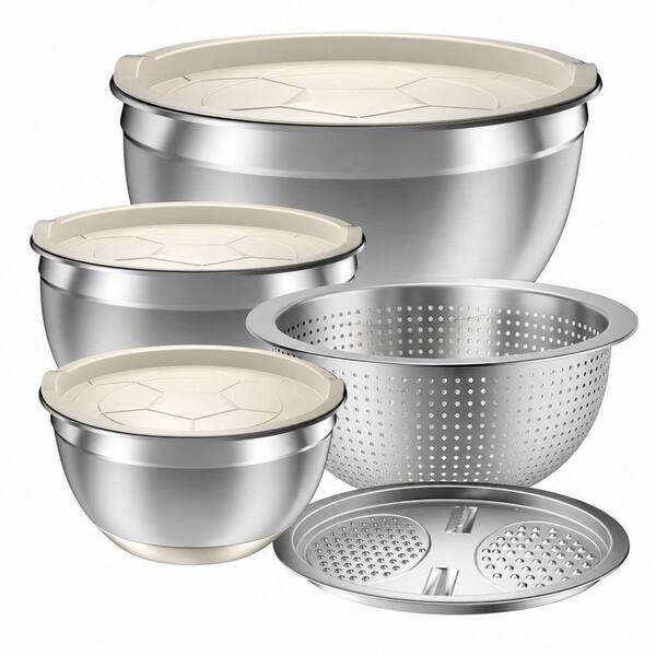 Stainless Steel Mixing Bowls with Airtight Lids, 3 Metal Nesting Bowls, Colander and Grater, Non-Slip Bottom, Multicolor