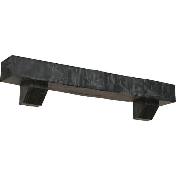 Ekena Millwork 4 in. x 4 in. x 6 ft. Hand Hewn Faux Wood Fireplace Mantel Kit with Ashford Corbels, Aged Ash