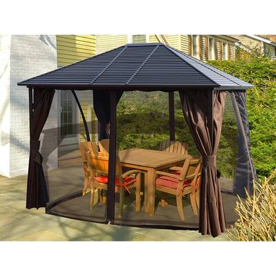 Caesar 10 ft. D x 9 ft. H x 12 ft. W Aluminum Hardtop Gazebo with Galvanized Steel Roof, Mosquito Net & Privacy Curtain