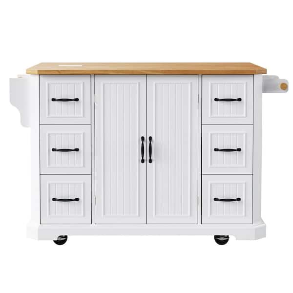 Ximuprmy White Wood 56 in. Kitchen Island with Embossed Vertical Stripe, Drop Leaf, 2 Power Outlet and 6 Drawers for Kitchen Room