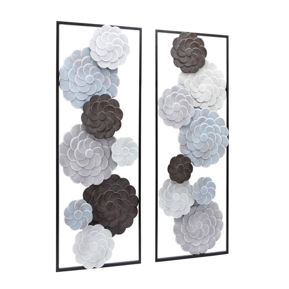 Large Black and Gray Metal Floral Wall Art Panels, Set of 2