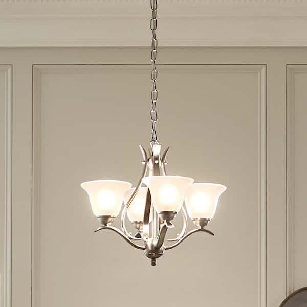 Dover 18 in. 4-Light Brushed Nickel Transitional Shaded Bell Mini Chandelier for Dining Room