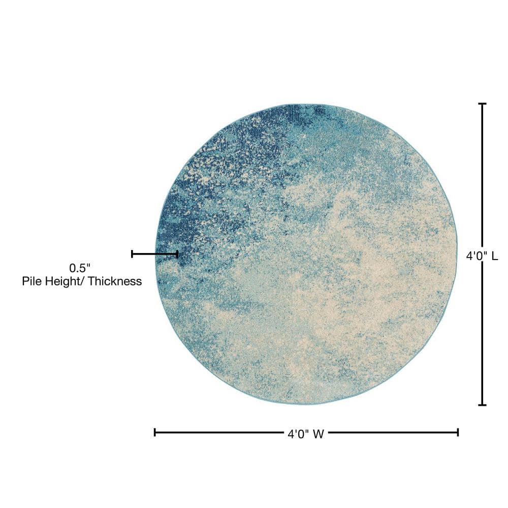 Navy and Light Blue Round Synthetic Geometric Rug, 4' Diameter
