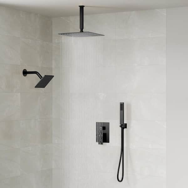 3-Spray Square Ceiling Mount Shower Head and Handheld 2.5 GPM in Matte Black (Valve Included)