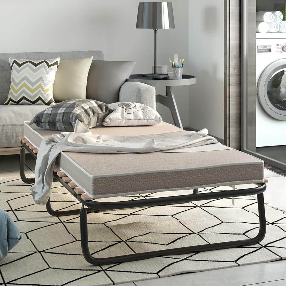 Twin Black Metal Folding Bed with Memory Foam Mattress
