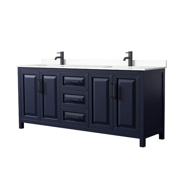 Wyndham Collection Daria 80 in. W x 22 in. D x 35.75 in. H Double Bath Vanity in Dark Blue with White Cultured Marble Top