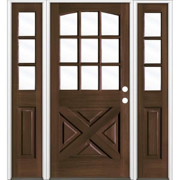 Krosswood Doors 64 in. x 80 in. Farmhouse X Panel LH 1/2 Lite Clear Glass Black Stain Hemlock Prehung Front Door with DSL