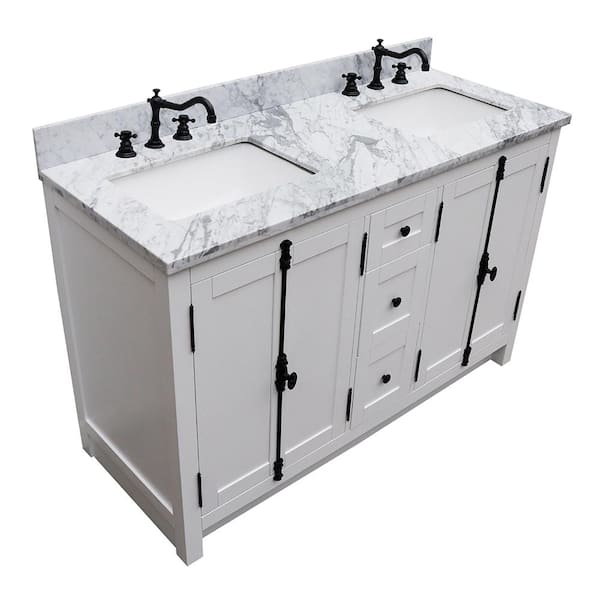 Bellaterra Home Plantation 55 In W X 22 D Double Bath Vanity White With Marble Top Rectangle Basins Bt100 Ga Wm The Depot - Bathroom Vanity With Rectangle Sink