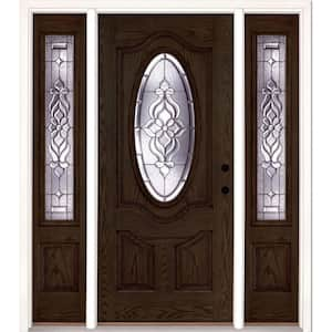 67.5 in.x81.625 in. Lakewood Zinc 3/4 Oval Lite Stained Walnut Oak Left-Hand Fiberglass Prehung Front Door w/Sidelites