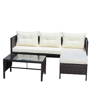 3-Piece Wicker Patio Conversation Set, Rattan Sectional Sofa with Beige Cushions with Glass Top Table