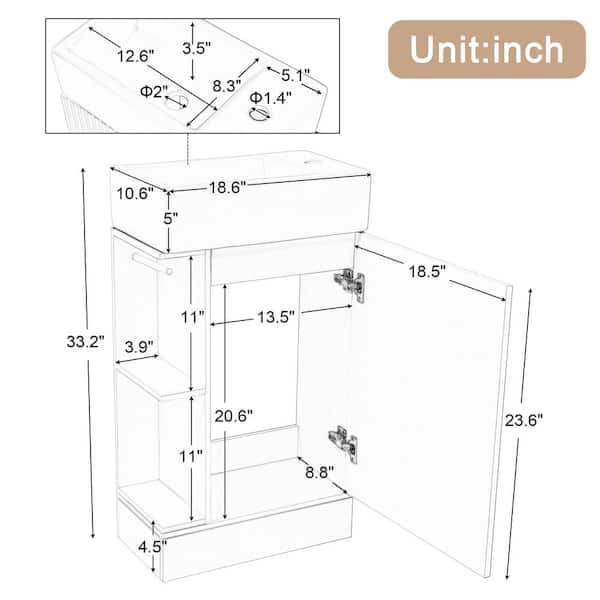 18.6 in. W x 10.6 in. D x 33.2 in. H Bath Vanity in White with White Ceramic Top, Toilet Paper Holder and Shelves