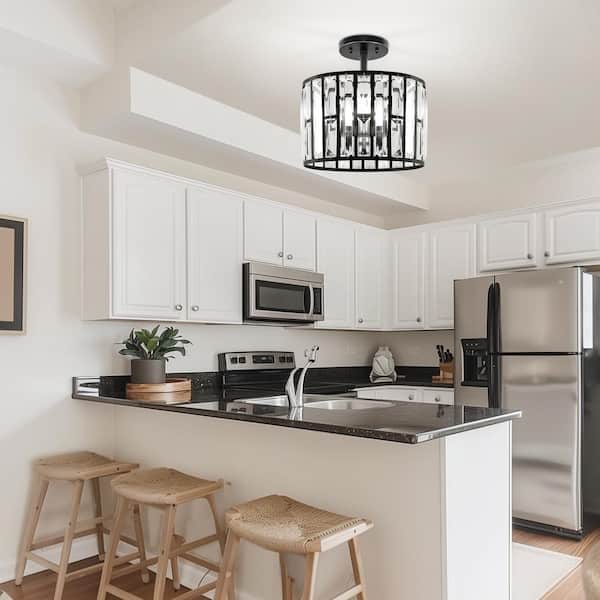 12.4 in. 3-Light Matte Black Semi-Flush Mount Ceiling Light with Crystal Accents, E12 Base, No Bulbs Included