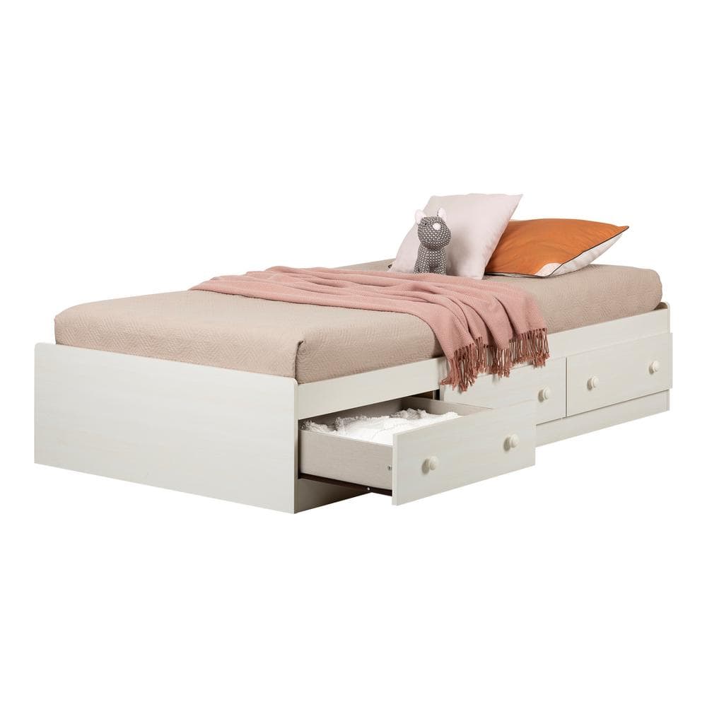 White Twin Wood Frame Bed with Storage Drawers