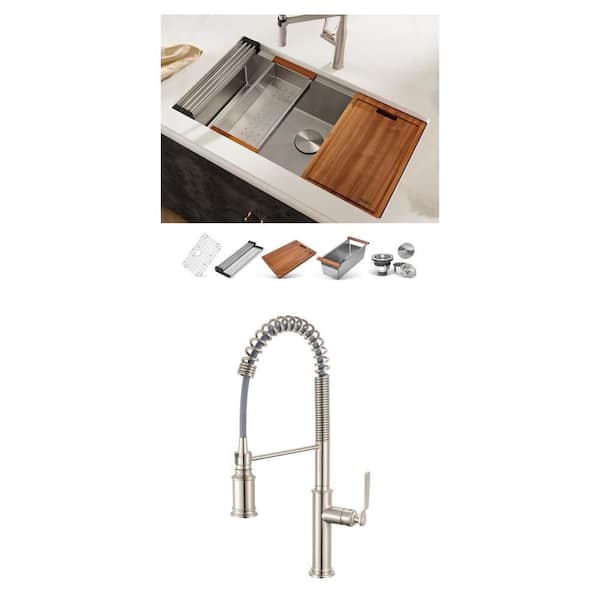 Seneca Brushed Nickel Faucet and Roma Pro 32 in. Stainless Steel Sink Combo