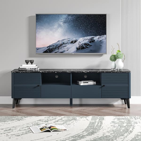 FESTIVO Scandinavian 70 in. Modern Storage Cyan Blue TV Stand Cabinet Features Premium Faux Marble Countertop