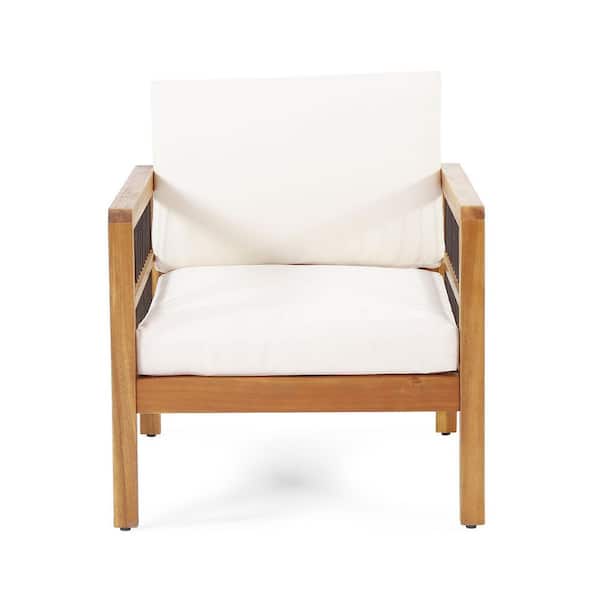 Teak Deep Seating Acacia Wood and Wicker Outdoor Lounge Chair with Soft Beige Cushion