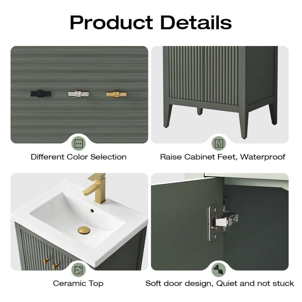 24" Green Poplar Wood Single Sink Bathroom Vanity with Ceramic Top