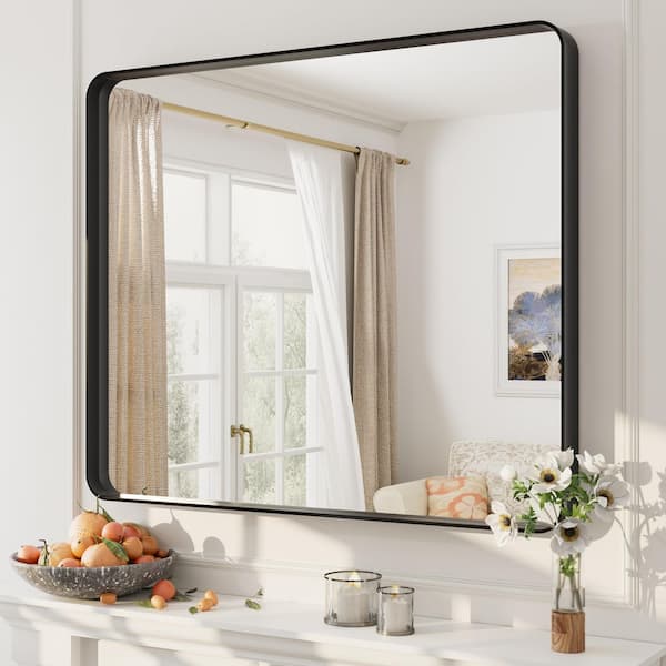 30 in. W x 36 in. H Rectangular Tempered Glass and Aluminum Alloy Framed Wall Bathroom Vanity Mirror in Matte Black