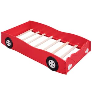 Red Kids Twin Size Car-Shaped Wood Platform Bed