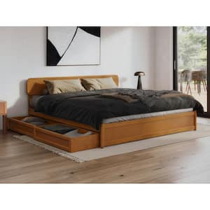 Capri Light Toffee Natural Bronze Solid Wood Frame King Platform Bed with Panel Footboard and Storage Drawers