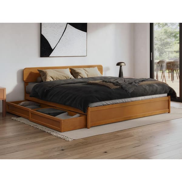 AFI Capri Light Toffee Natural Bronze Solid Wood Frame King Platform Bed with Panel Footboard and Storage Drawers