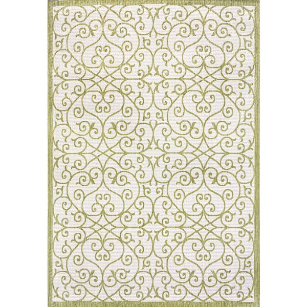 Madrid Vintage Filigree Textured Weave Green/Cream 9 ft. x 12 ft. Indoor/Outdoor Area Rug