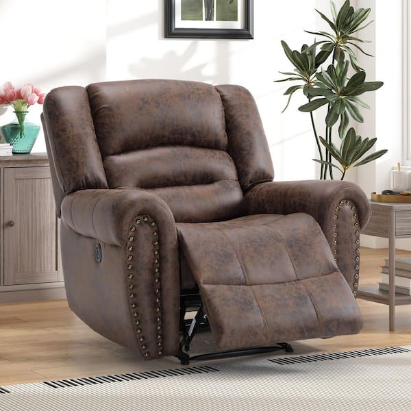 40.5 in. W Brown Vegan Leather Manual Power Recliner with Nailhead Trim and USB Port