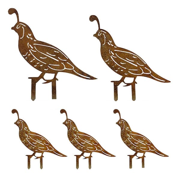 9 Inch Brown Metal Garden Stakes Quail Family Decorative Bird Sculptures Outdoor Yard Art 5-Pack