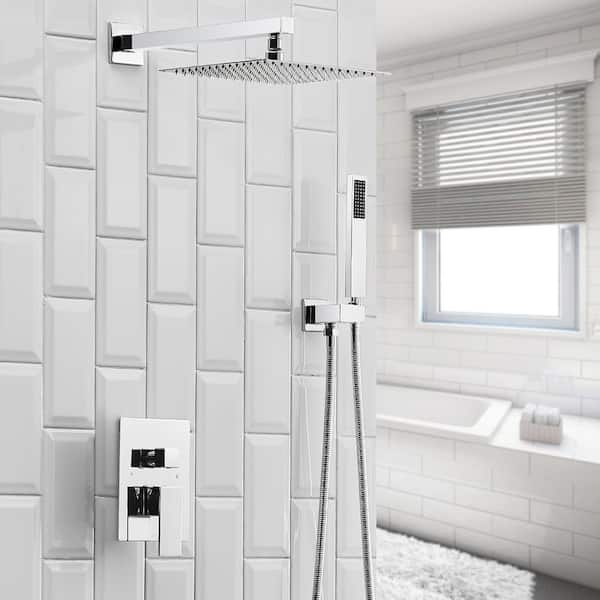 2-Spray Patterns with 2.5 GPM 16 in. Wall Mount Dual Shower Heads Square High Pressure Spot in Chrome (Valve Included)