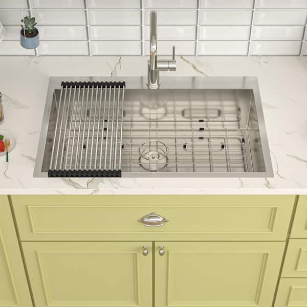 Qidian 33 in. Drop in Single Bowl 18-Gauge Brushed Nickel Stainless Steel Kitchen Sink with Bottom Grids