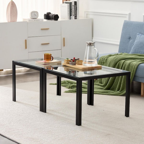 Set of 2 23.2 in. Modern Square Clear Tempered Glass Coffee Tables and Black Metal Frame for Living Room