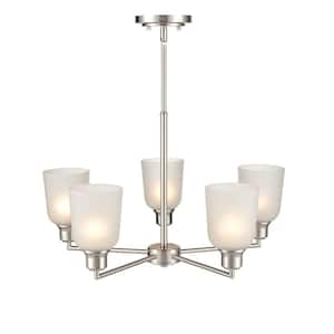 Amberle 24 in. 5-Light Brushed Nickel Chandelier with Frosted White Glass