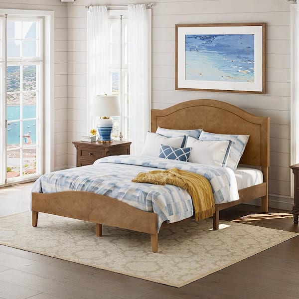 Adrian Mid Century Brown Wood Solid Wood Frame Queen Size Slat Support Platform Bed Frame with Adjustable Headboard