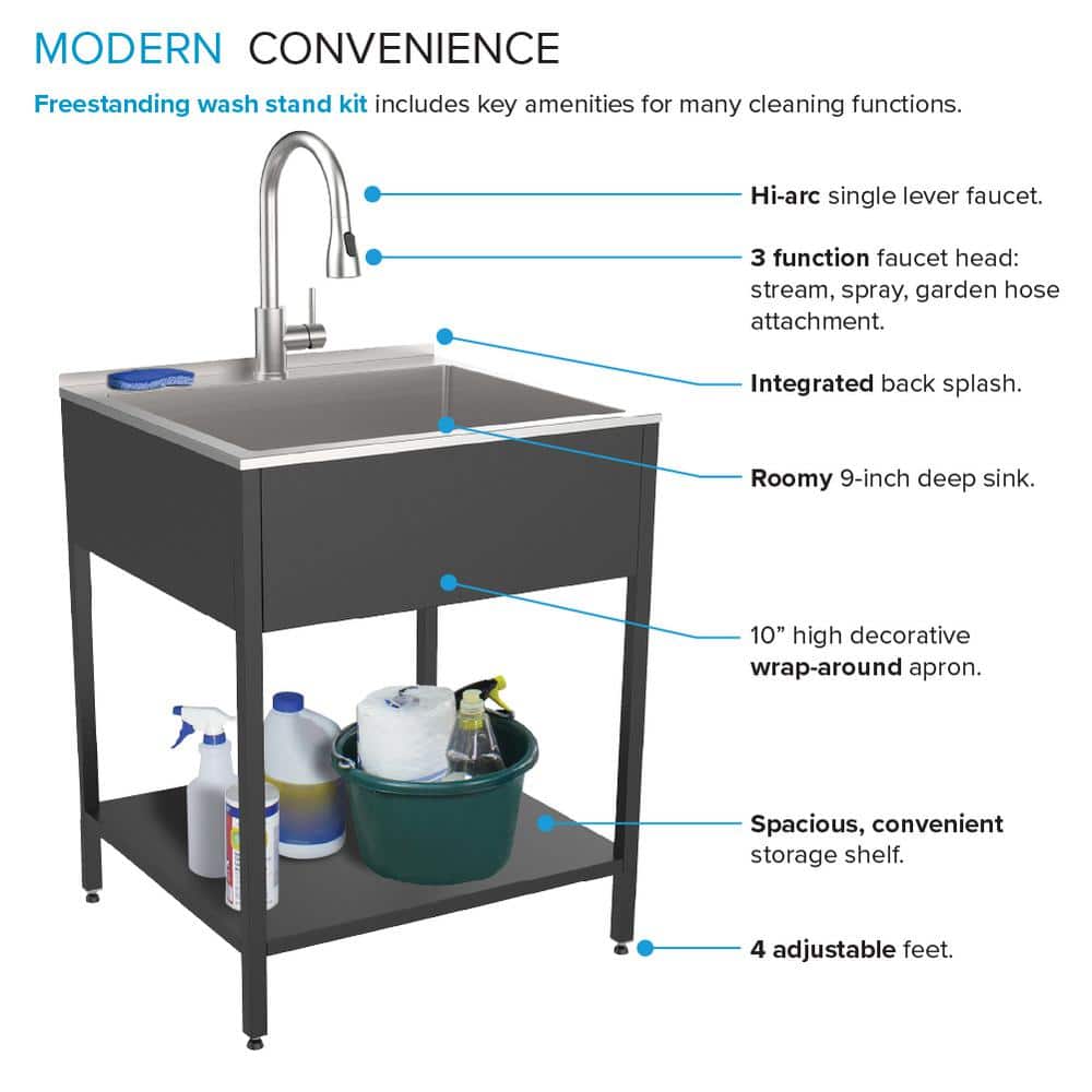 24'' Matte Black Stainless Steel Freestanding Laundry Sink with Faucet