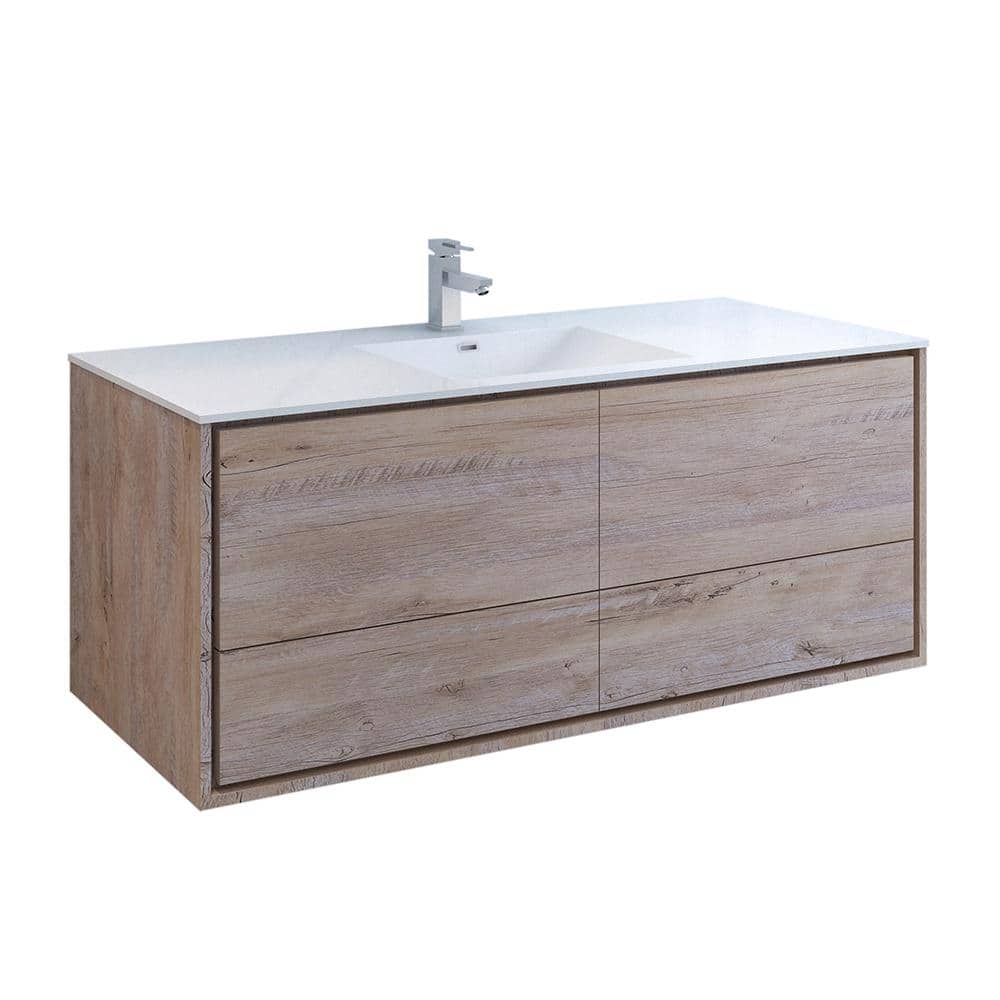 Transitional Wall-Mounted 59'' Solid Wood Off-White Vanity with Acrylic Top