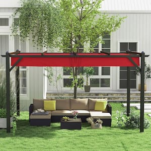 10 ft. x 13 ft. Full Steel Frame Retractable Outdoor Pergola with Wine Red Removable Sun Shade Canopy