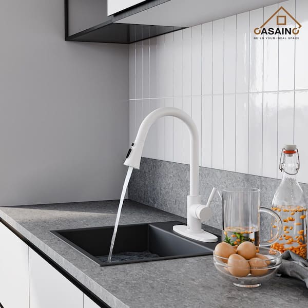 Single-Handle Pull Down Sprayer Kitchen Faucet with Dual Function Sprayer and Deckplate in Spot-Free Matte White