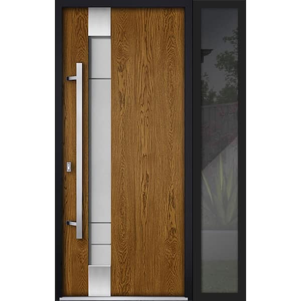 VDOMDOORS 52 in. x 80 in. Right-Hand/Inswing Sidelight Frosted Glass Natural Oak Steel Prehung Front Door with Hardware