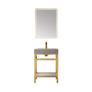 Funes 24 in. W x 22 in. D x 34 in. H Single Sink Bath Vanity in Brushed Gold with Grey Natural Stone Top and Mirror