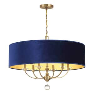 Van Noord 60-Watt 6-Light Oxidized Aged Brass Drum Pendant Light with Blue Velvet Shade and No Bulbs Included