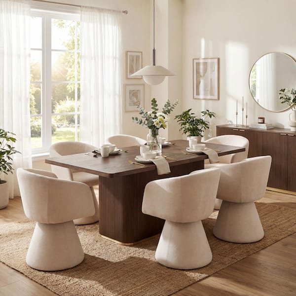 Melville 7-Piece Beige Plus Walnut Wood Top Dining Set with Fabric Upholstered Dining Chairs, Seats 6