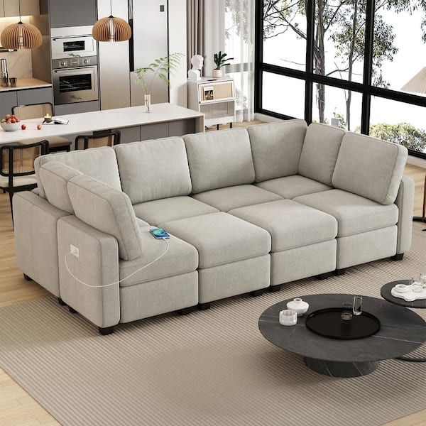 103.1 in. W Square Arm Chenille Fabric U-Shape Sectional Sofa in. Gray with 3 USB ports, 2 Removable Ottomans