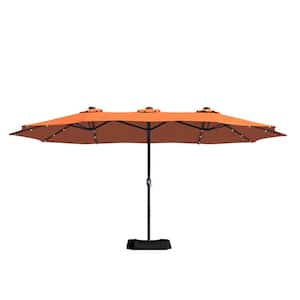 15 ft. Extra-Large Outdoor Market Double-Sided Patio Umbrella with Base and Solar LED in Orange
