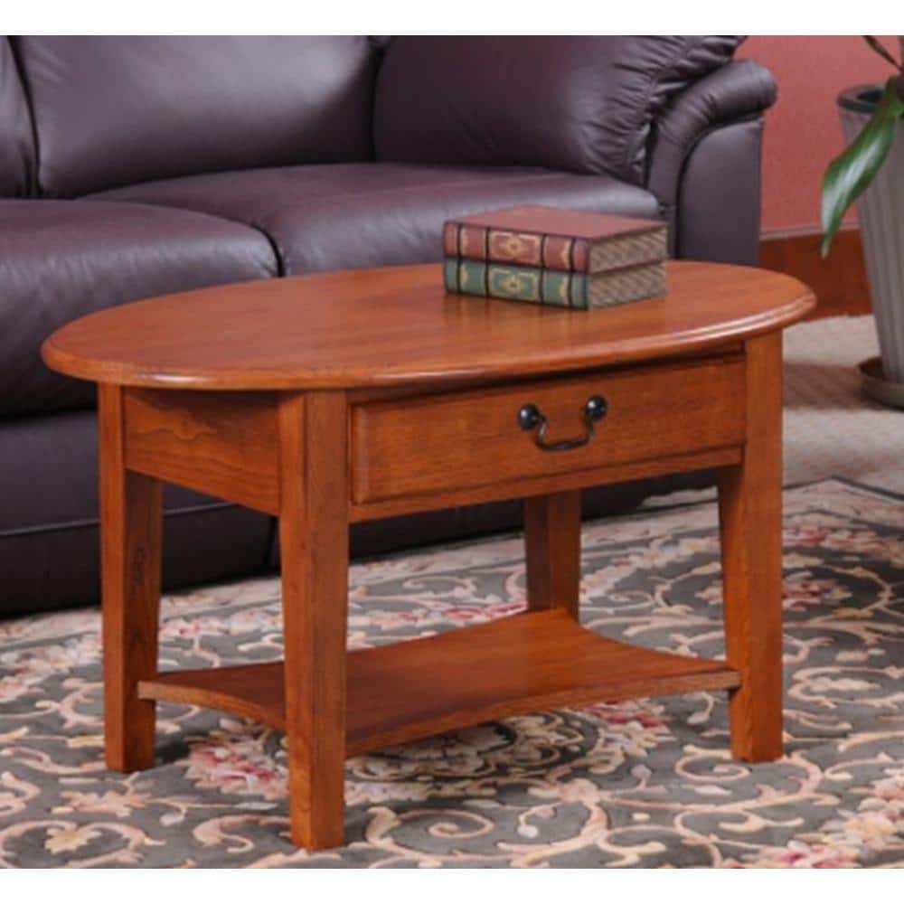 Medium Oak Oval Wood Coffee Table with Storage Drawer