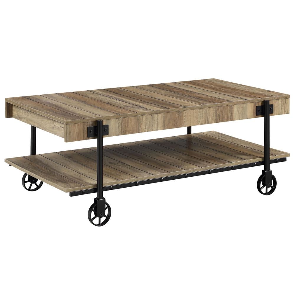 Bargib 47.25 in. Black and Rustic Oak Rectangle Wood Coffee Table with Wheels
