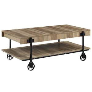 Bargib 47.25 in. Black and Rustic Oak Rectangle Wood Coffee Table with Wheels