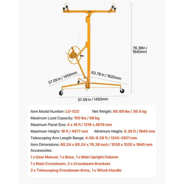 VEVOR 16 ft. Drywall Lift, 150 lbs. Heavy-Duty Panel Hoist with