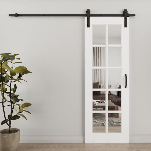 30 in. x 80 in. 10-Lite Tempered Clear Glass White Primed MDF Composite Sliding Barn Door with Hardware Kit