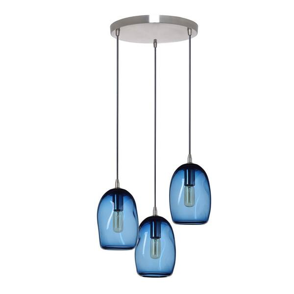 Casamotion 6 in. W x 9 in. H 3-Light Nickel Organic Contemporary Hand-Blown Glass Chandelier with Blue Glass Shades