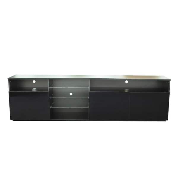 Tidoin Modern 78.70 in. Wood Black TV Stand with 9-Storage-Shelves Fits TV's up to 90 in. with 3-Doors and LED Lights